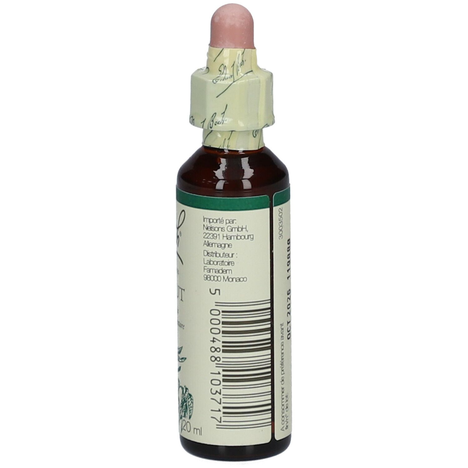 Braune Glasflasche mit Tropfer. Etikett mit Informationen und Barcode.