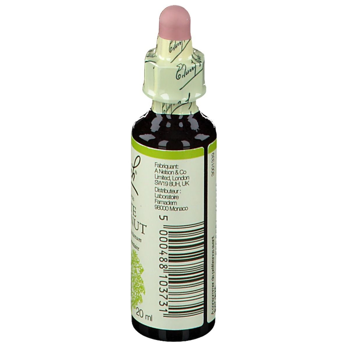 Flasche mit Tropfer. Etikett mit Text und Barcode. 20 ml.