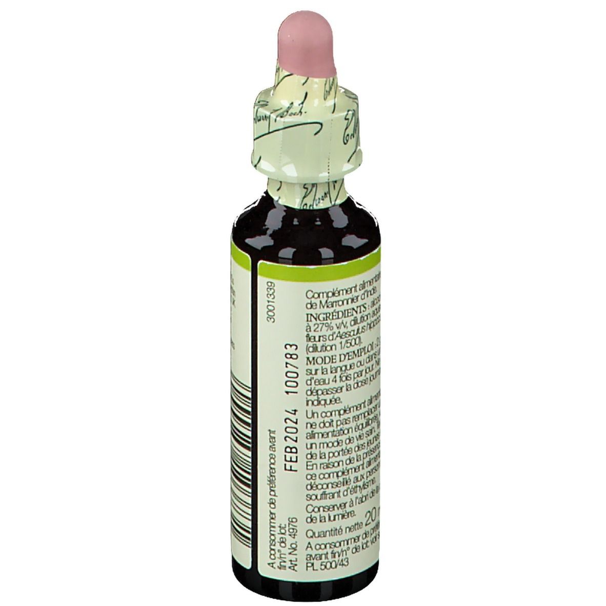 Flasche mit Tropfer. Etikett mit Text und Verfallsdatum. 20 ml.
