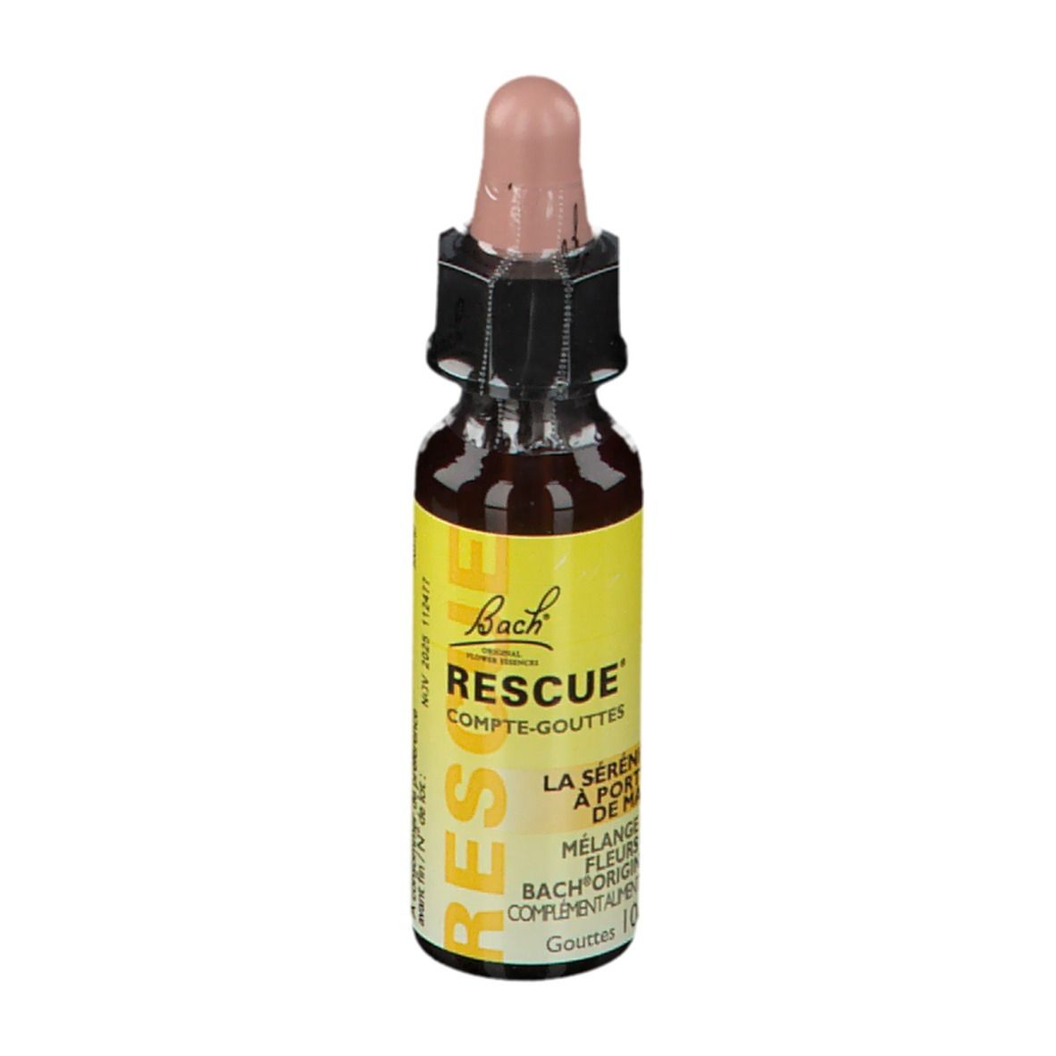 Gouttes Rescue. Flacon marron avec compte-gouttes rose. 10ml.