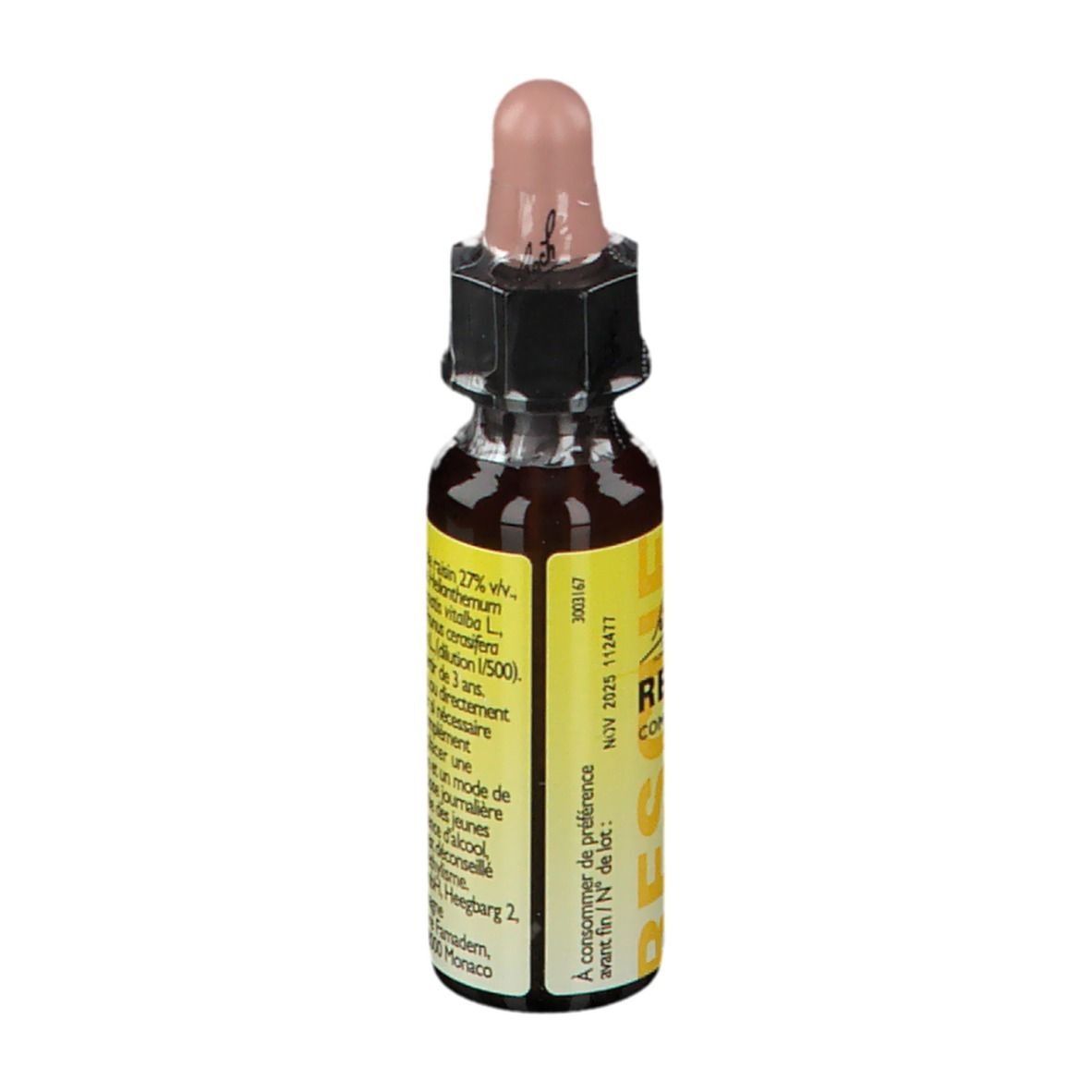 Gouttes Rescue. Flacon marron avec compte-gouttes rose. 10ml. Dos avec ingrédients et utilisation.