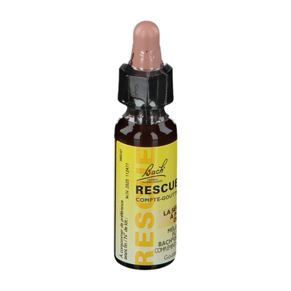 Gouttes Rescue. Flacon marron avec compte-gouttes rose. 10ml. Dos avec ingrédients et utilisation.