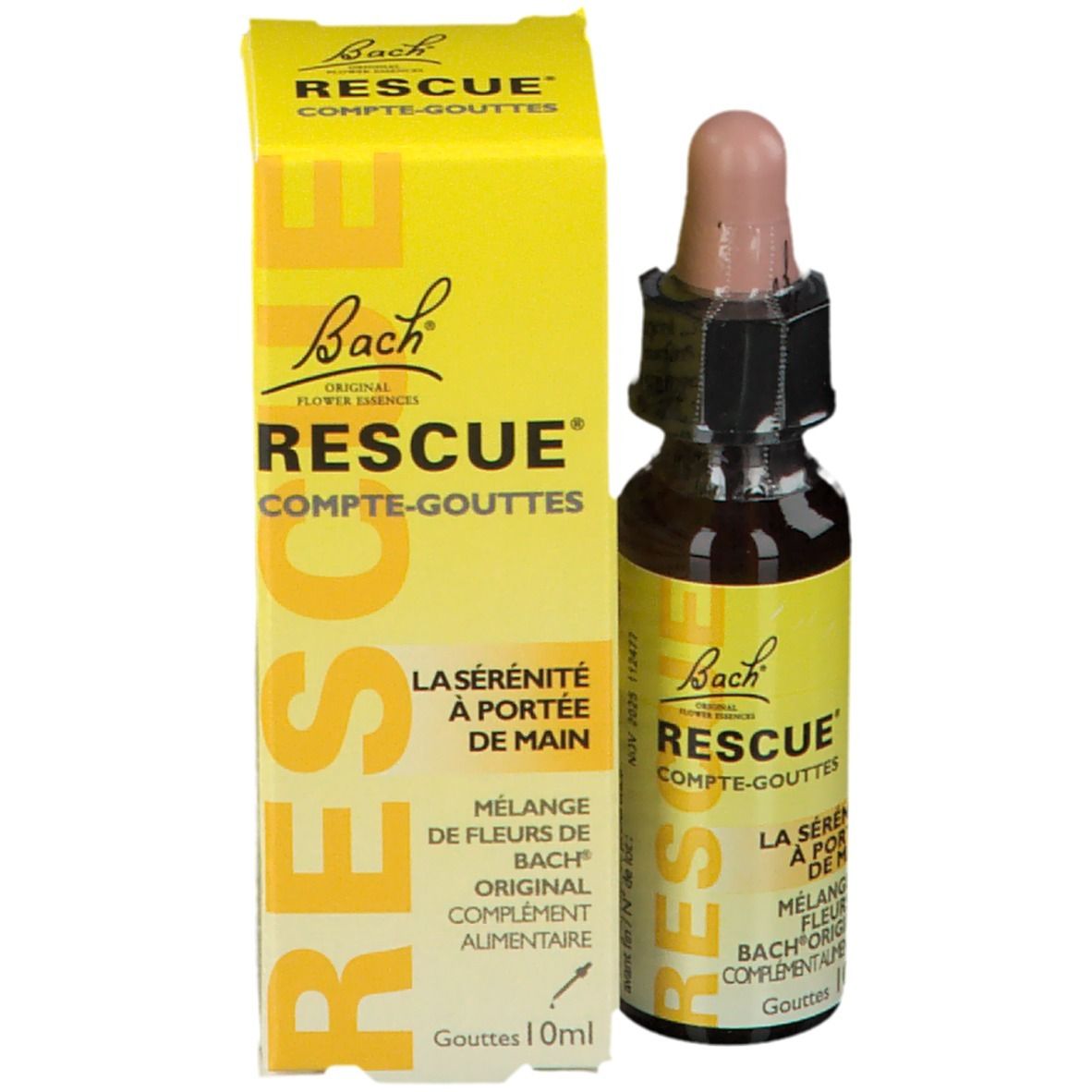 Flacon et boîte Rescue. Jaune, marron et rose. Avec compte-gouttes. 10ml.