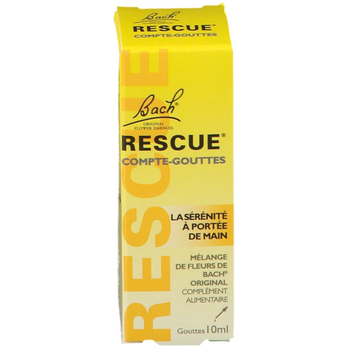 Boîte jaune avec texte. Gouttes Rescue. 10ml.