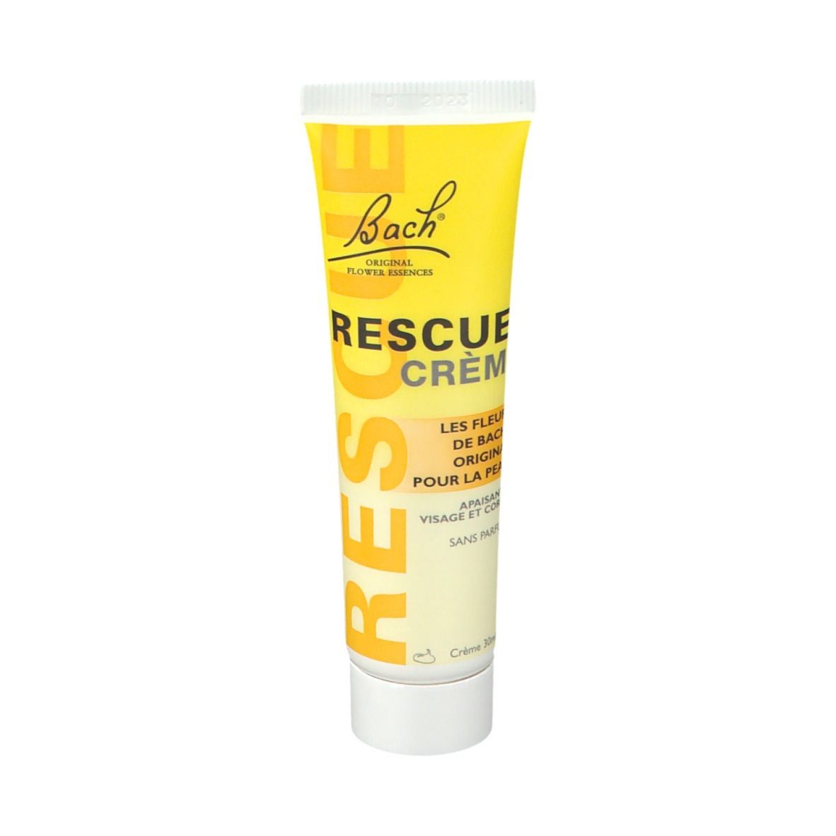 Gelbe Tube "Rescue Crème". Text: Bach Original Flower Essences. 30ml.