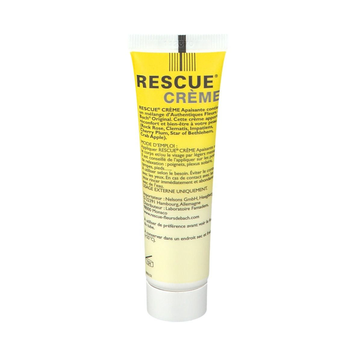 Rückseite der Tube "Rescue Crème". Text: Anwendung, Inhaltsstoffe, Hersteller.