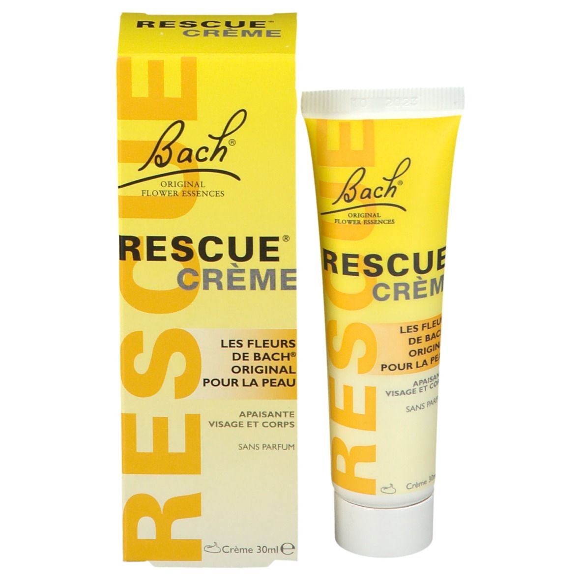 Gelbe Schachtel und Tube "Rescue Crème". Bach Original Flower Essences. 30ml.