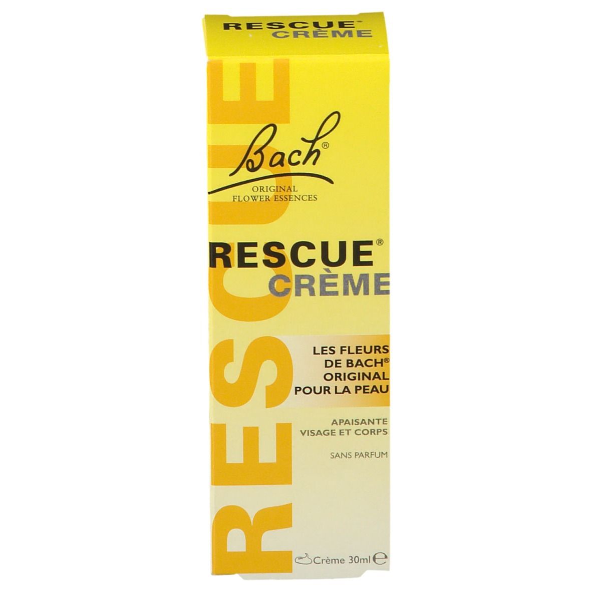 Gelbe Schachtel "Rescue Crème". Text: Bach Original Flower Essences. 30ml.