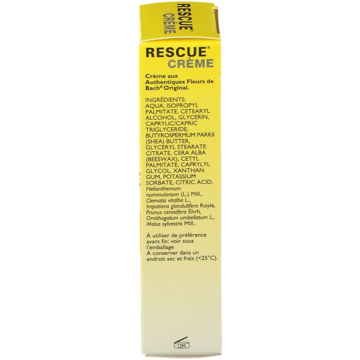 Rückseite der Schachtel "Rescue Crème". Text: Inhaltsstoffe, Hersteller.