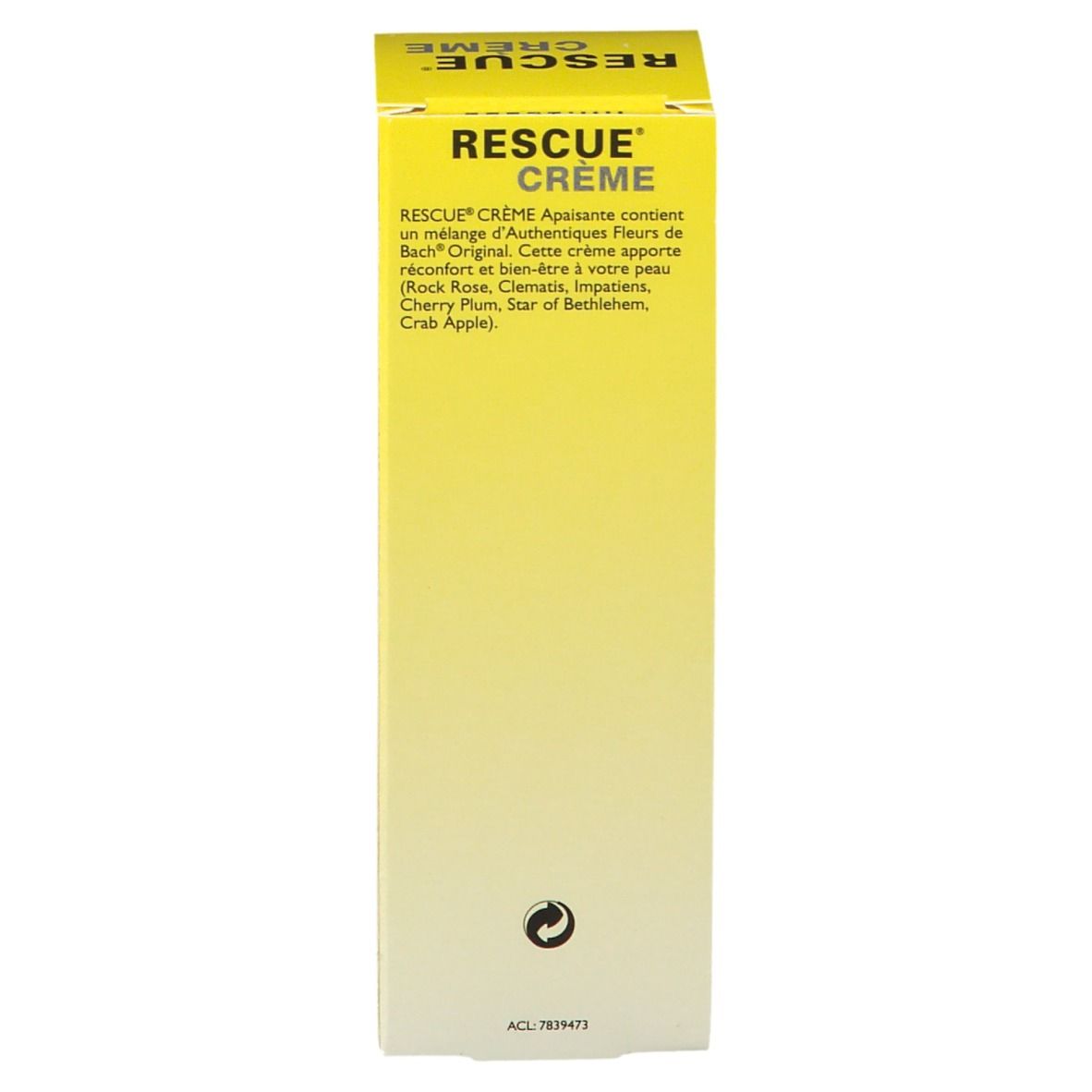 Rückseite der Schachtel "Rescue Crème". Text: Mischung aus Bachblüten.