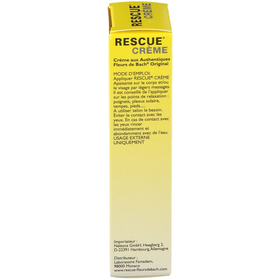 Rückseite der Schachtel "Rescue Crème". Text: Anwendung, Hersteller.