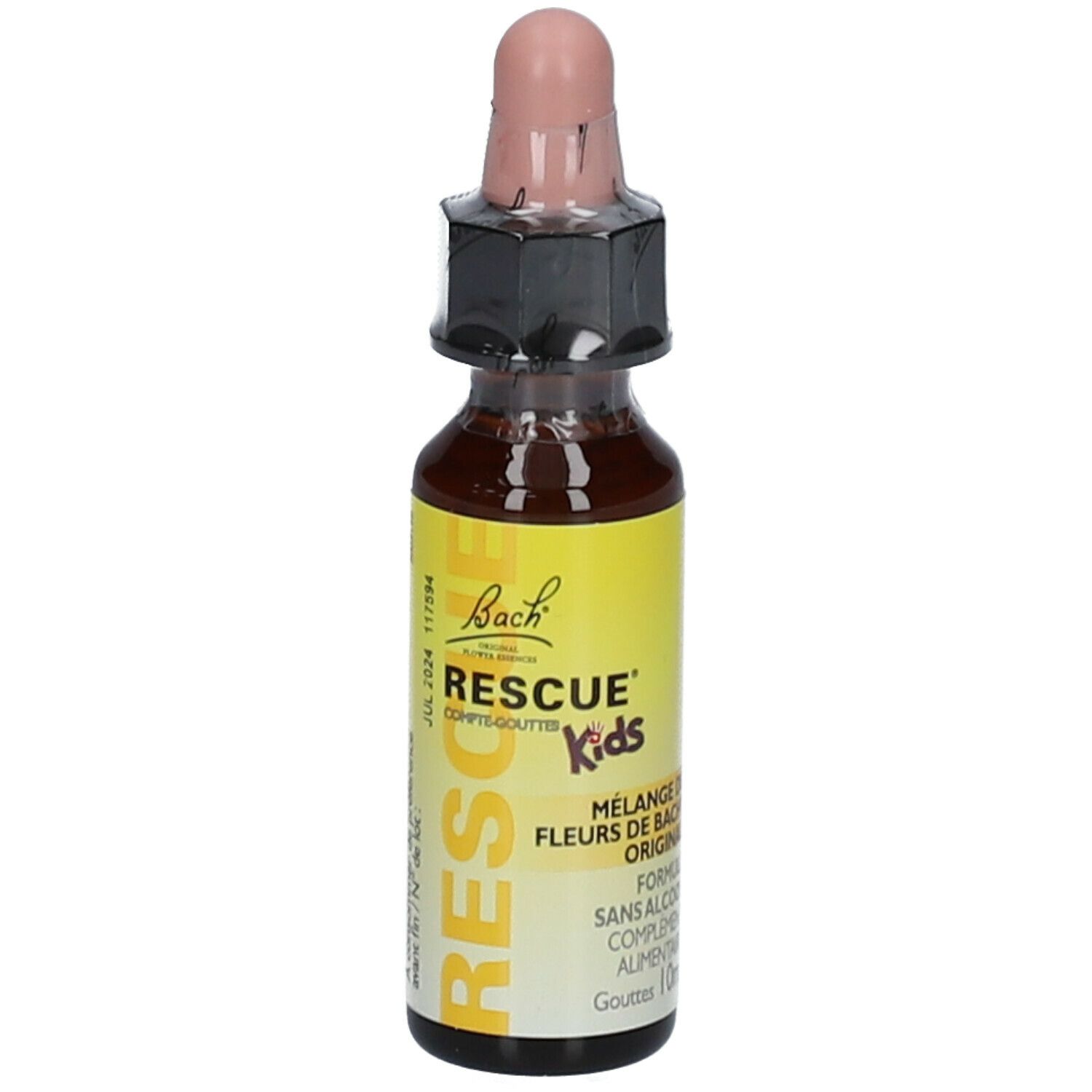 Flacon de gouttes Bach Rescue Kids avec compte-gouttes. Étiquette jaune avec nom et logo. Flacon de 10 ml.