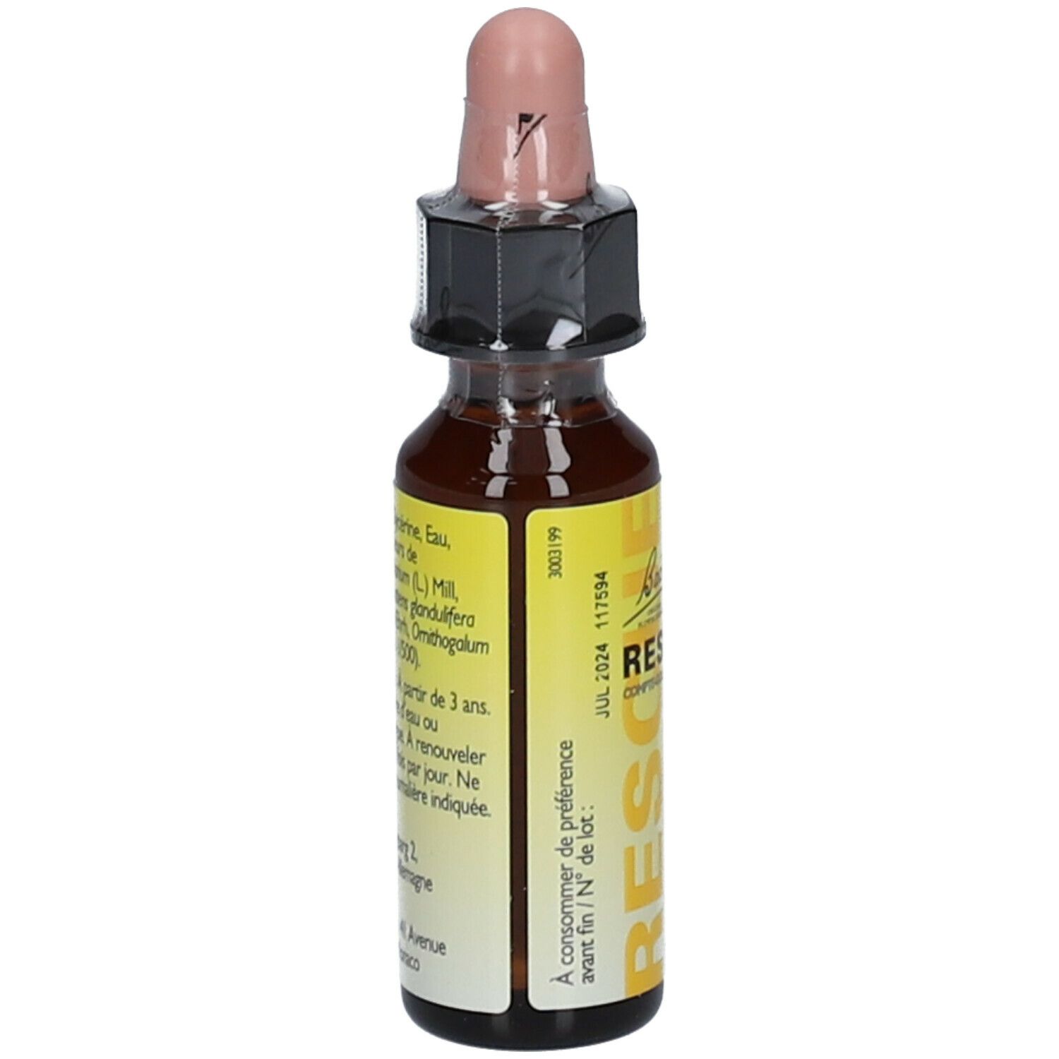 Flacon de gouttes Bach Rescue Kids avec compte-gouttes. Étiquette jaune avec informations. Flacon de 10 ml.