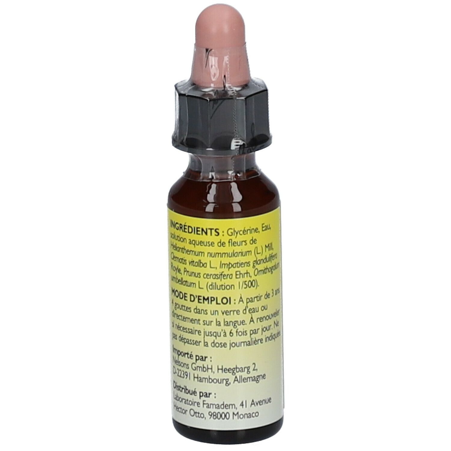 Flacon de gouttes Bach Rescue Kids avec compte-gouttes. Étiquette jaune avec informations. Flacon de 10 ml.