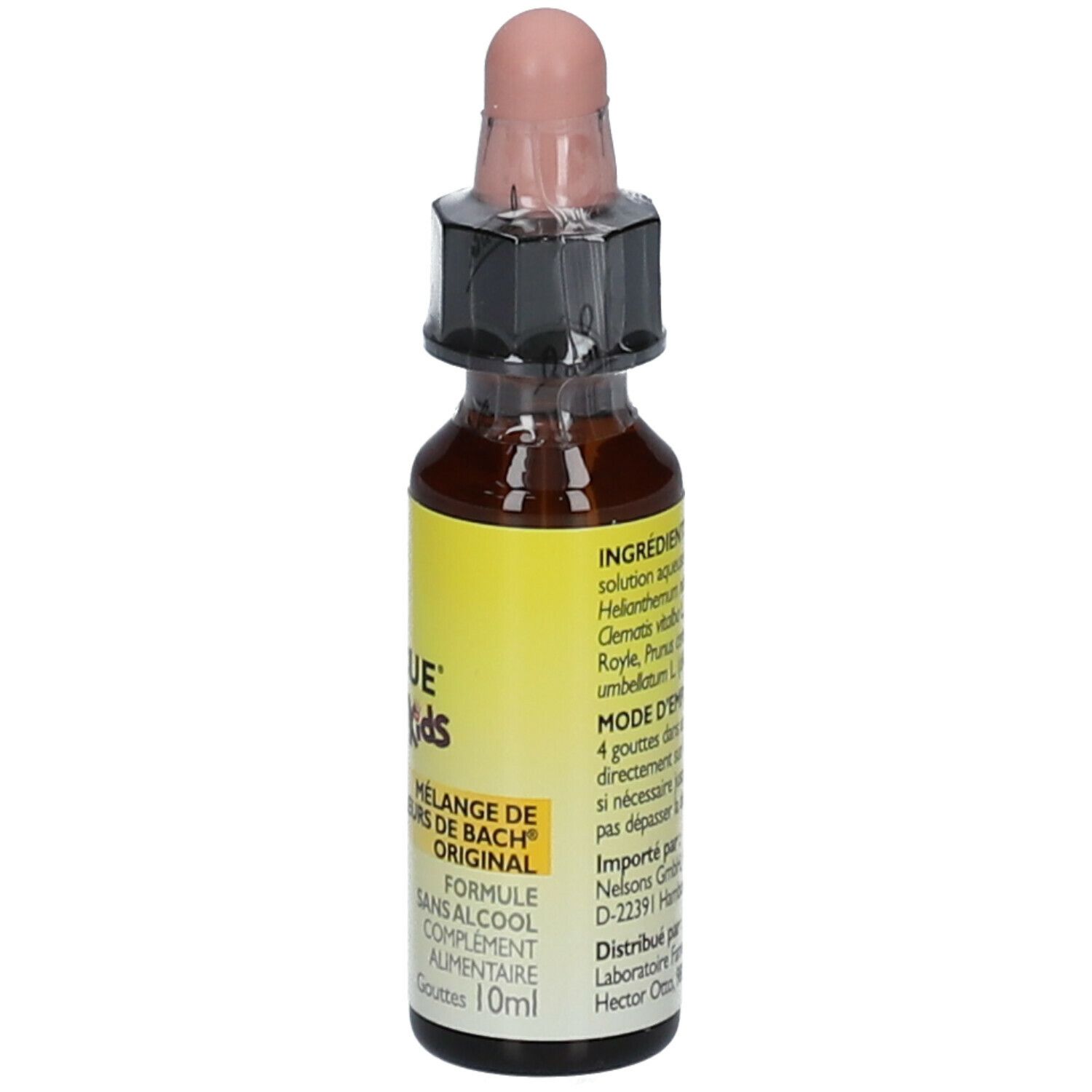 Flacon de gouttes Bach Rescue Kids avec compte-gouttes. Étiquette jaune avec informations. Flacon de 10 ml.