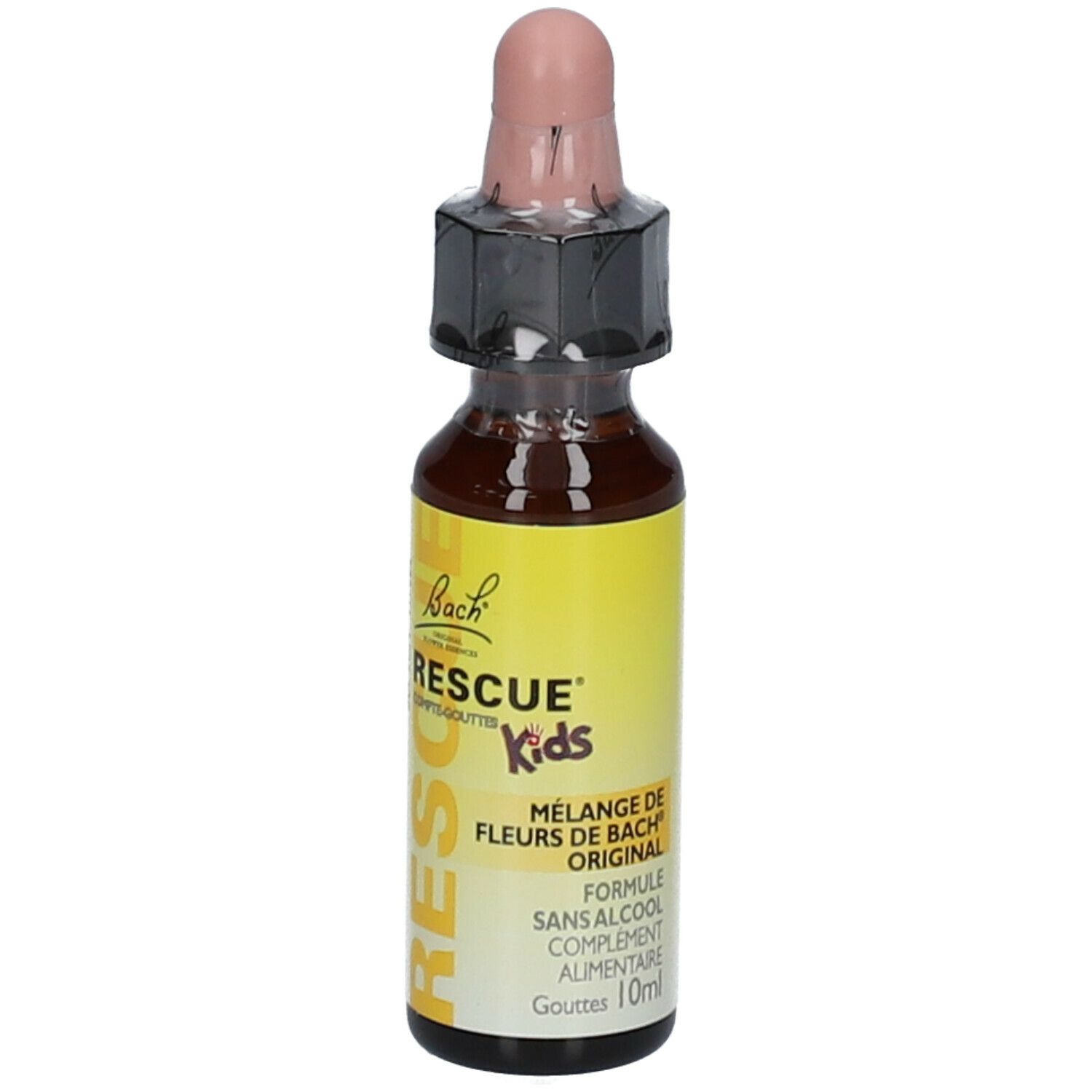 Flacon de gouttes Bach Rescue Kids avec compte-gouttes. Étiquette jaune avec informations. Flacon de 10 ml.