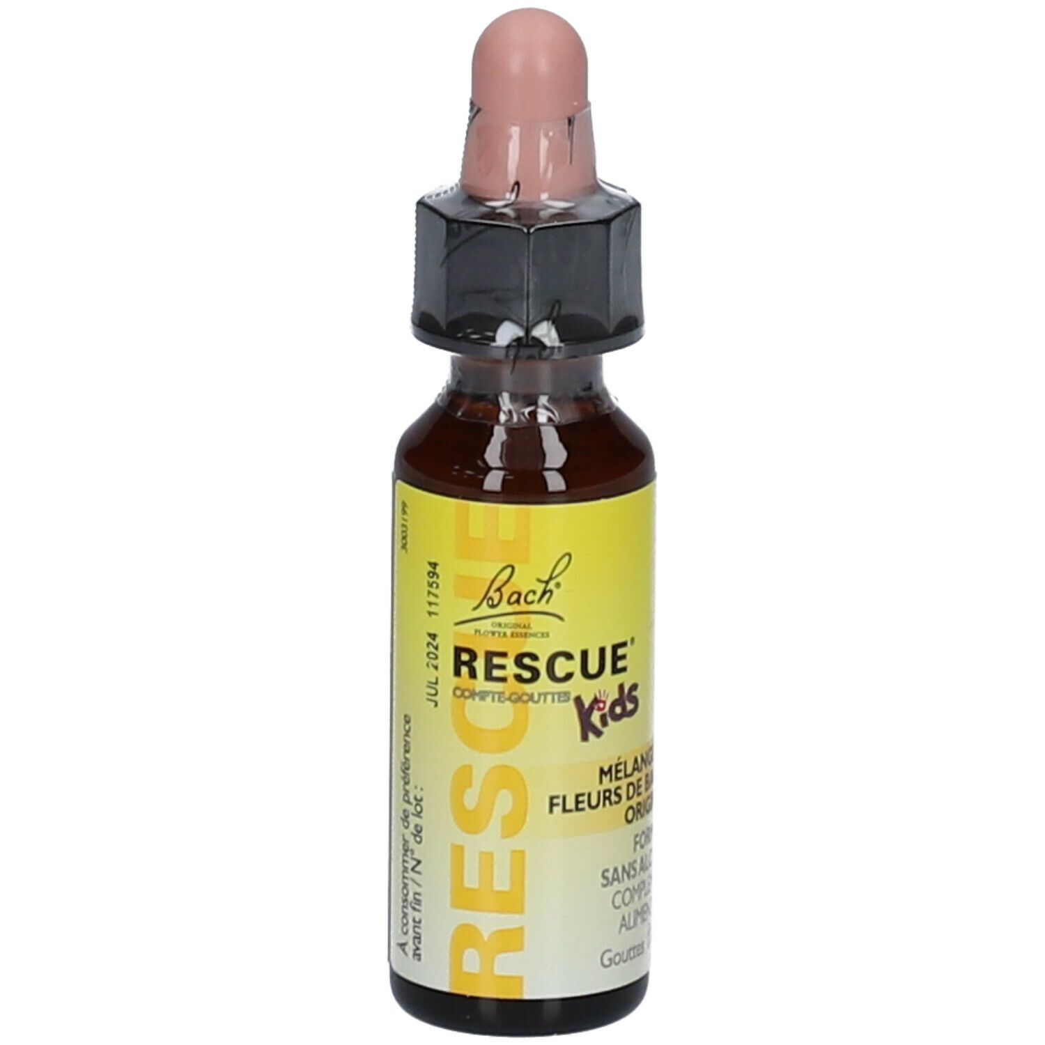 Flacon de gouttes Bach Rescue Kids avec compte-gouttes. Étiquette jaune avec informations. Flacon de 10 ml.