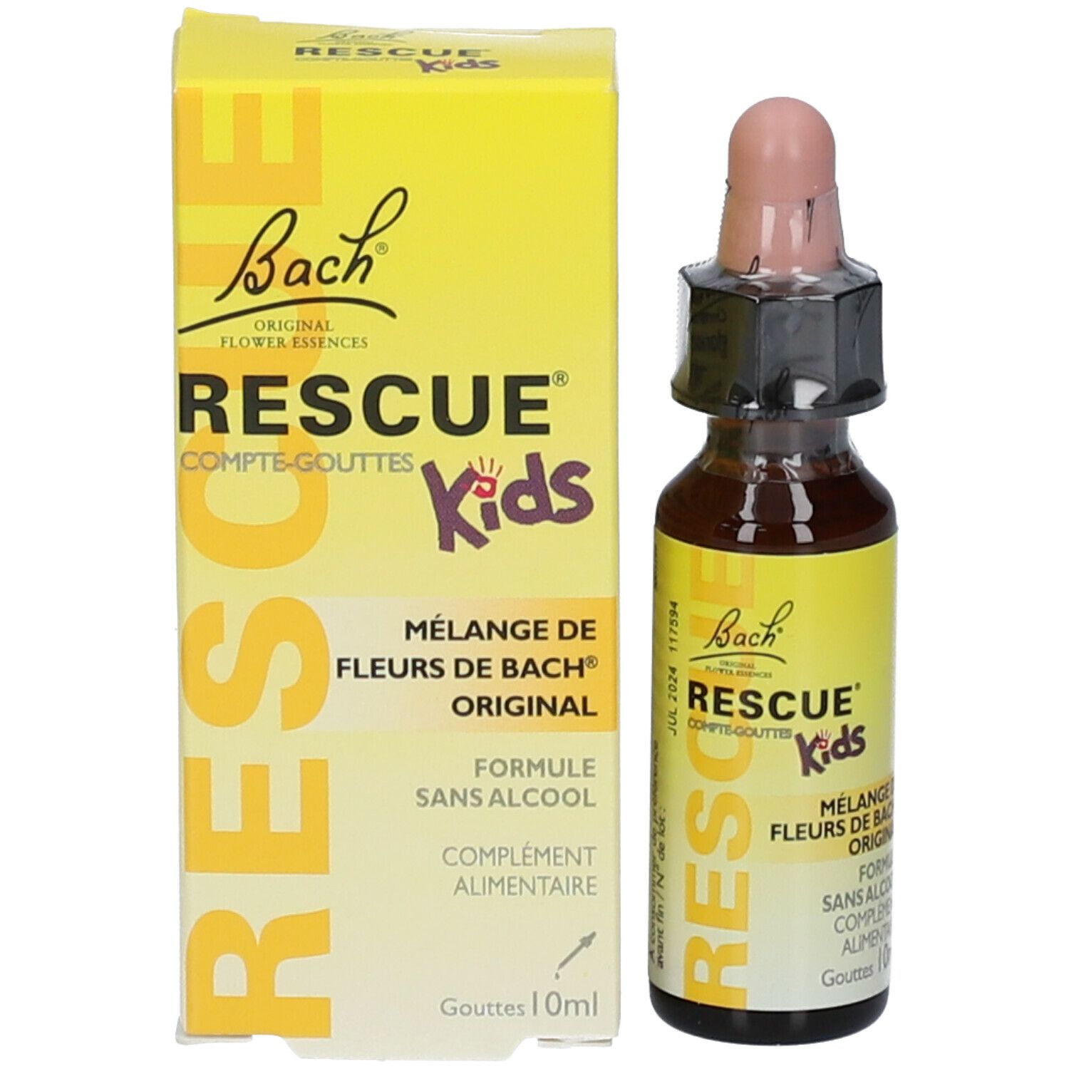 Flacon et boîte Bach Rescue Kids. Emballage jaune avec nom et logo du produit. Flacon de 10 ml.