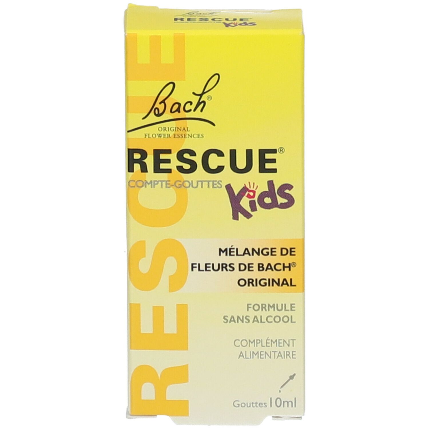 Boîte Bach Rescue Kids. Emballage jaune avec nom et logo du produit. Flacon de 10 ml.