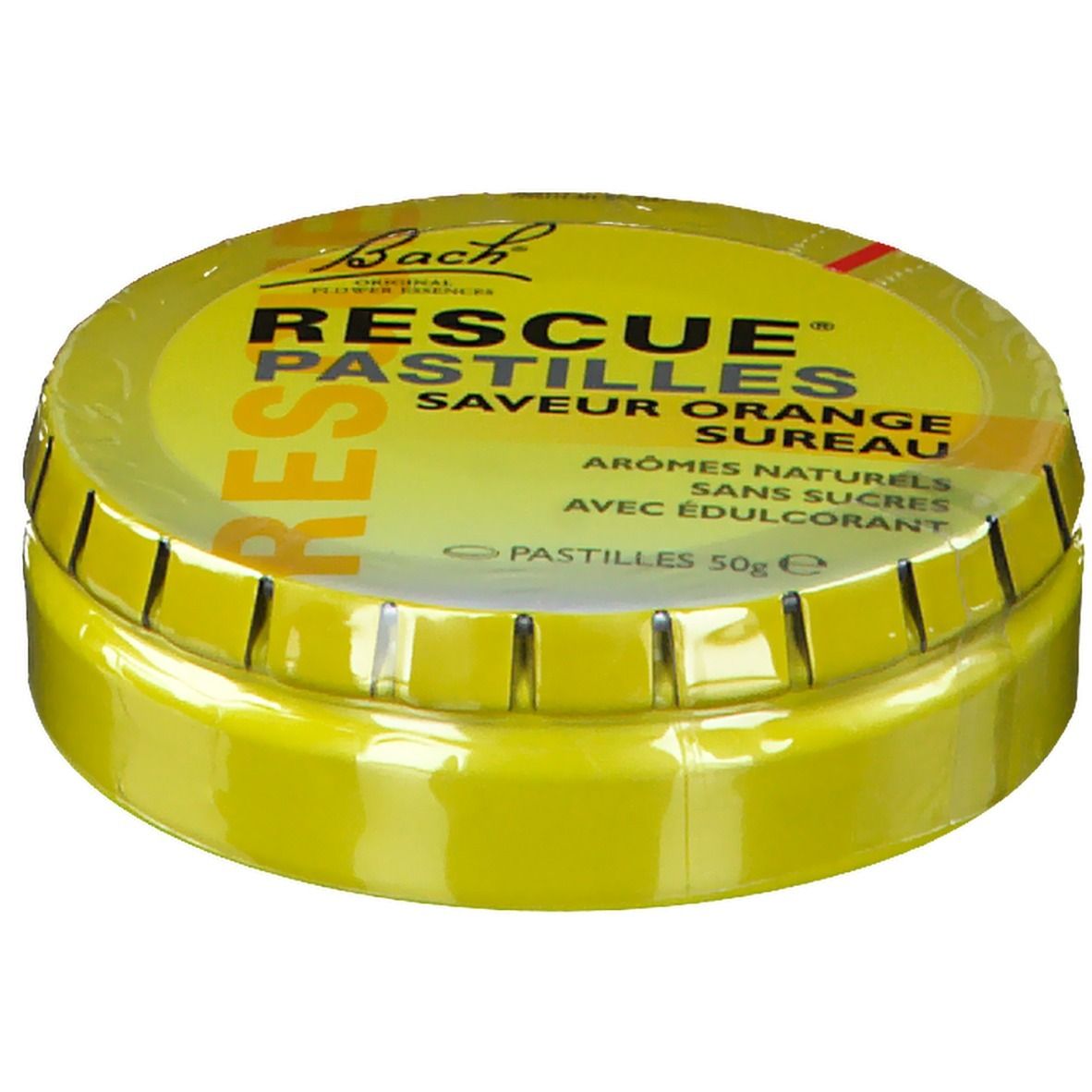 Gelbe Dose mit Aufschrift RESCUE PASTILLEN Orange Sureau. Deckel mit Produktnamen und Logo.