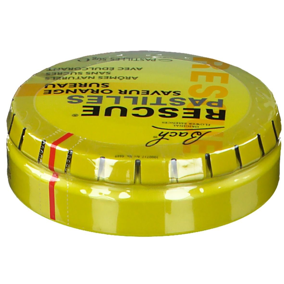 Gelbe Dose mit Aufschrift RESCUE PASTILLEN Orange Sureau. Deckel mit Produktnamen und Logo.