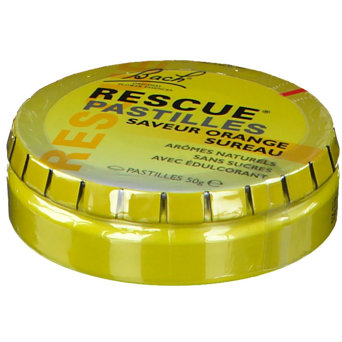 Gelbe Dose mit Aufschrift RESCUE PASTILLEN Orange Sureau. Deckel mit Produktnamen und Logo.