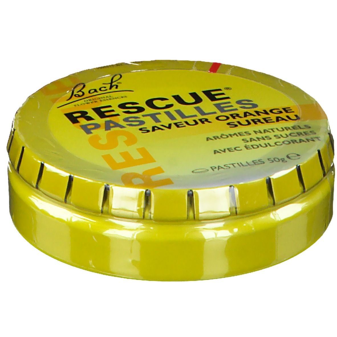 Gelbe Dose mit Aufschrift RESCUE PASTILLEN Orange Sureau. Deckel mit Produktnamen und Logo.