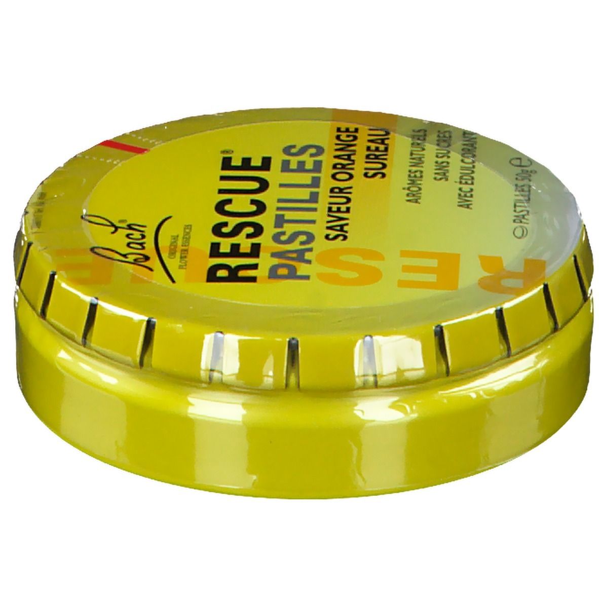 Gelbe Dose mit Aufschrift RESCUE PASTILLEN Orange Sureau. Deckel mit Produktnamen und Logo.