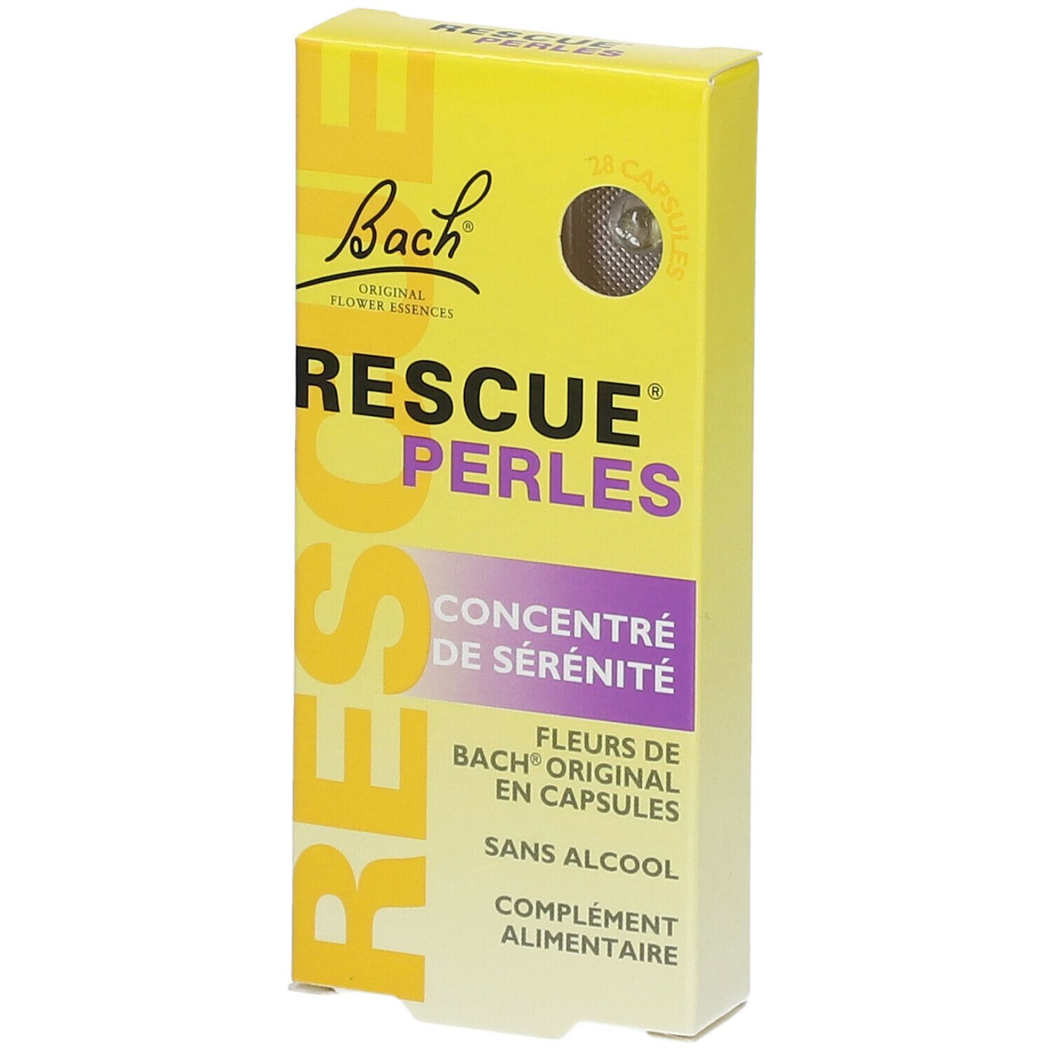 Gelbe Schachtel mit Bachblüten Rescue® Perlen. Text: RESCUE, PERLES, Konzentrat für Gelassenheit. 28 Kapseln.