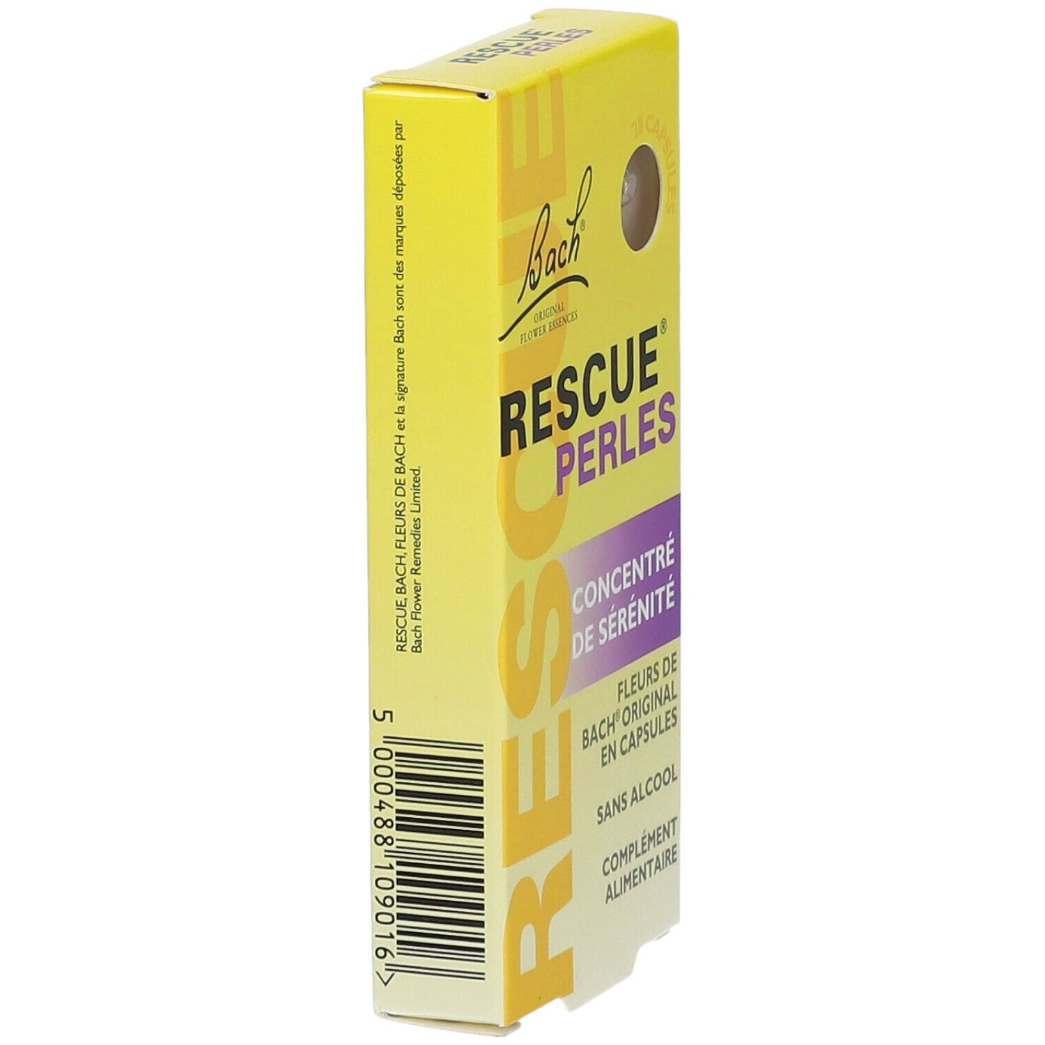 Rückseite der gelben Schachtel mit Bachblüten Rescue® Perlen. Text und Inhaltsstoffe.