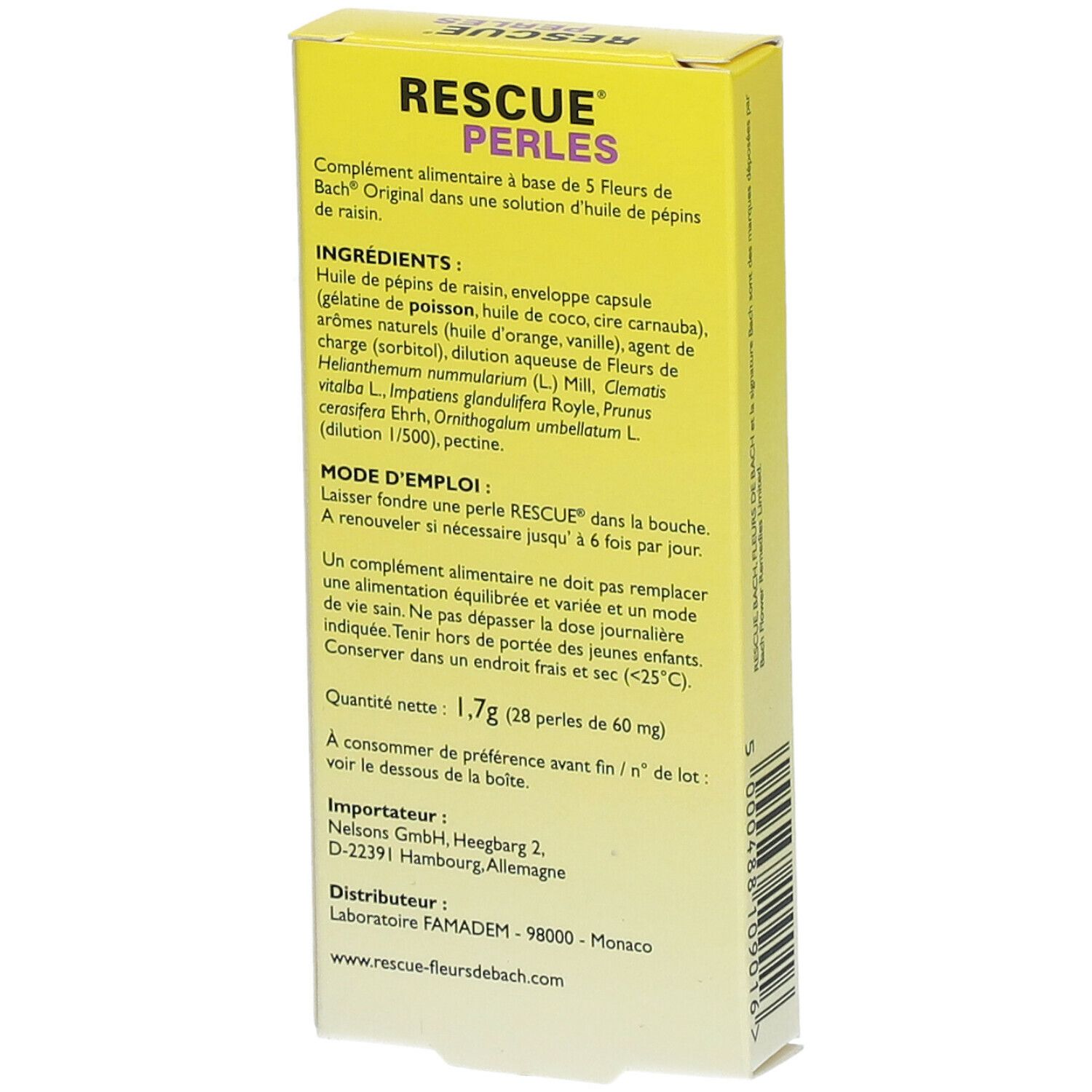 Rückseite der gelben Schachtel mit Bachblüten Rescue® Perlen. Text und Inhaltsstoffe.
