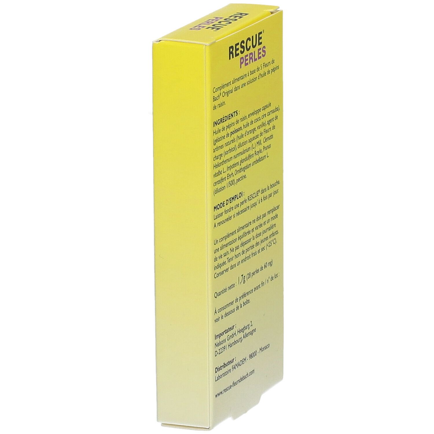 Gelbe Schachtel mit Bachblüten Rescue® Perlen. Text: RESCUE, PERLES, Konzentrat für Gelassenheit. 28 Kapseln.