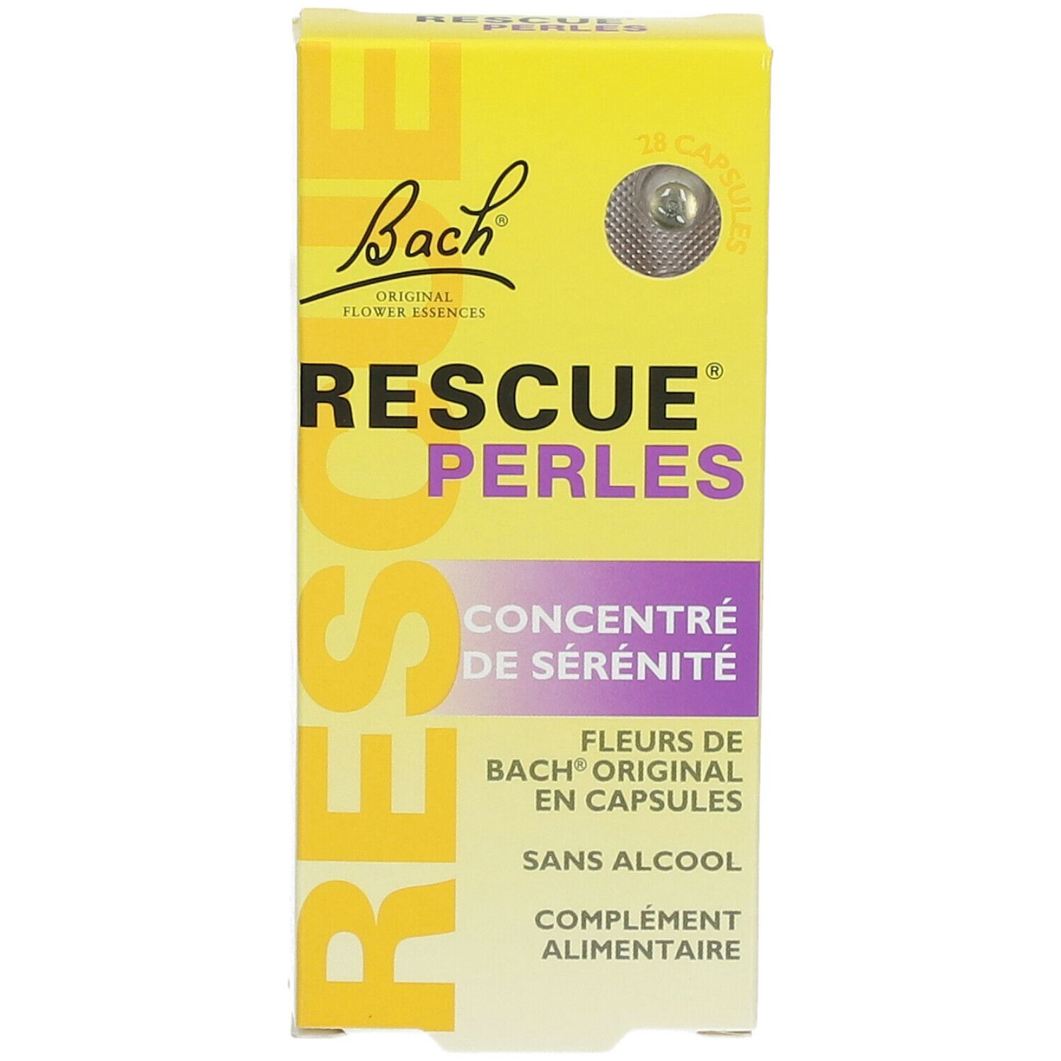 Gelbe Schachtel mit Bachblüten Rescue® Perlen. Text: RESCUE, PERLES, Konzentrat für Gelassenheit. 28 Kapseln.