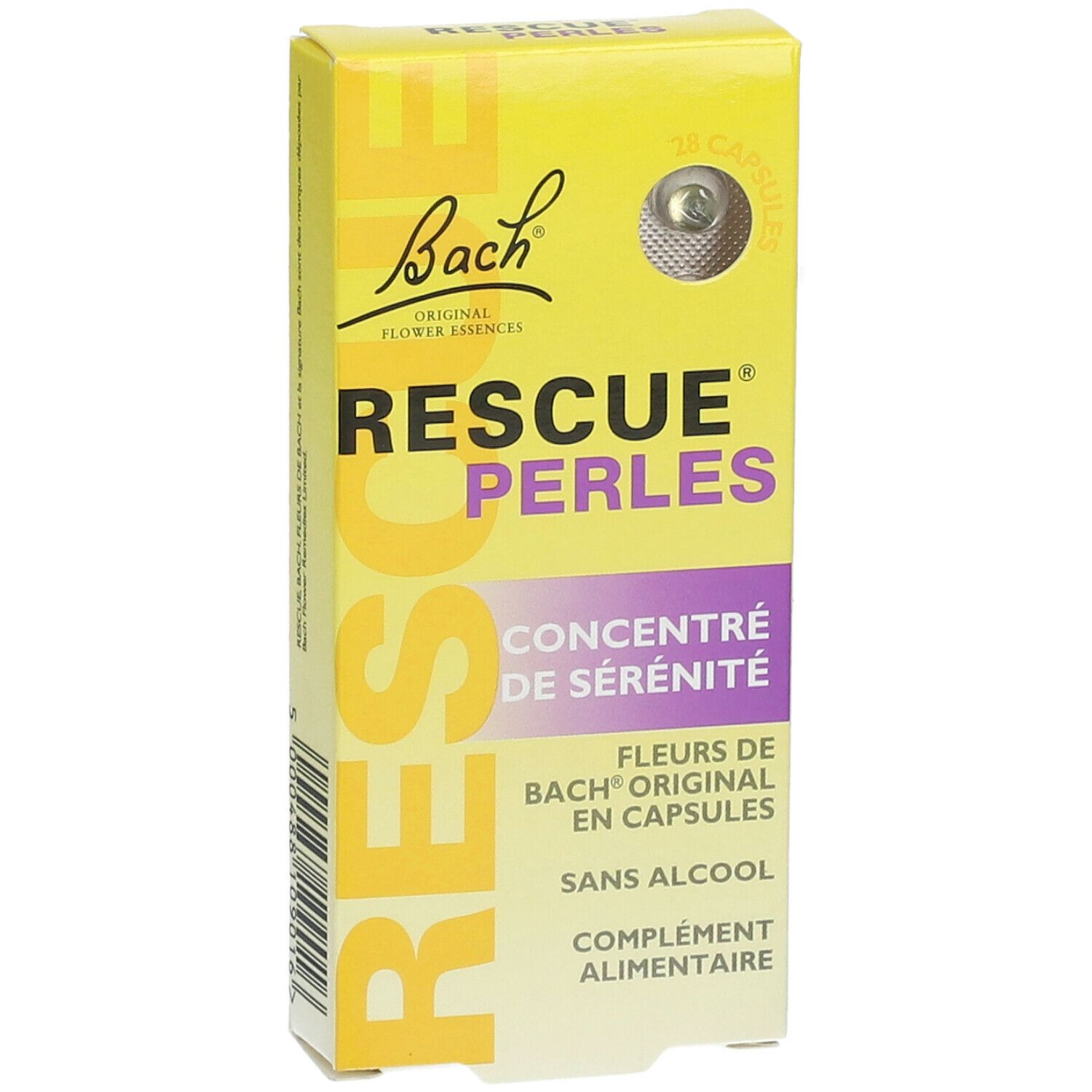 Gelbe Schachtel mit Bachblüten Rescue® Perlen. Text: RESCUE, PERLES, Konzentrat für Gelassenheit. 28 Kapseln.