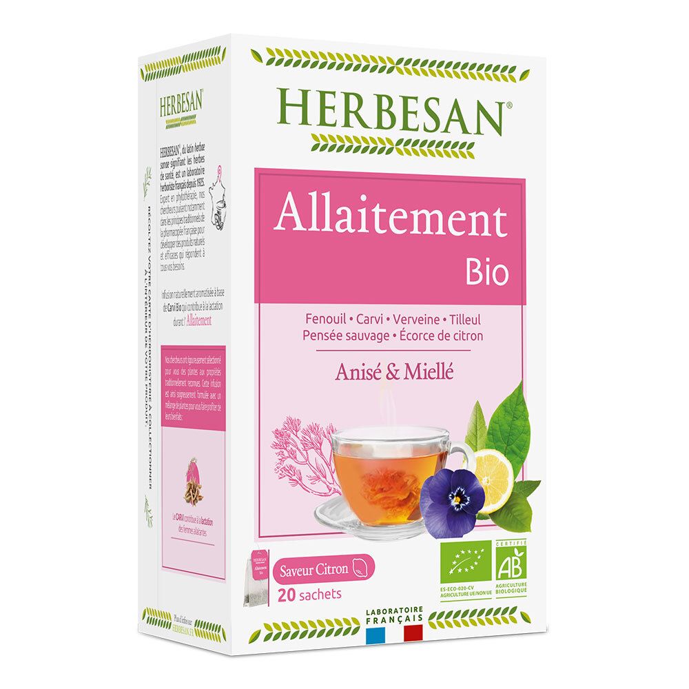 Herbesan-Verpackung. Aufschrift: Allaitement Bio, Anis & Miellé, 20 Beutel. Mit Illustrationen von Kräutern und einer Tasse Tee.