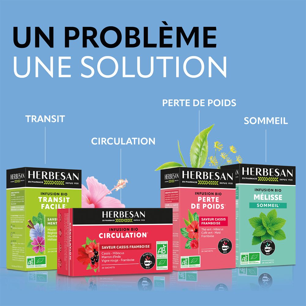 Différentes variétés de thés Herbesan. Produits pour le transit, la circulation, la perte de poids et le sommeil. Avec logo bio.