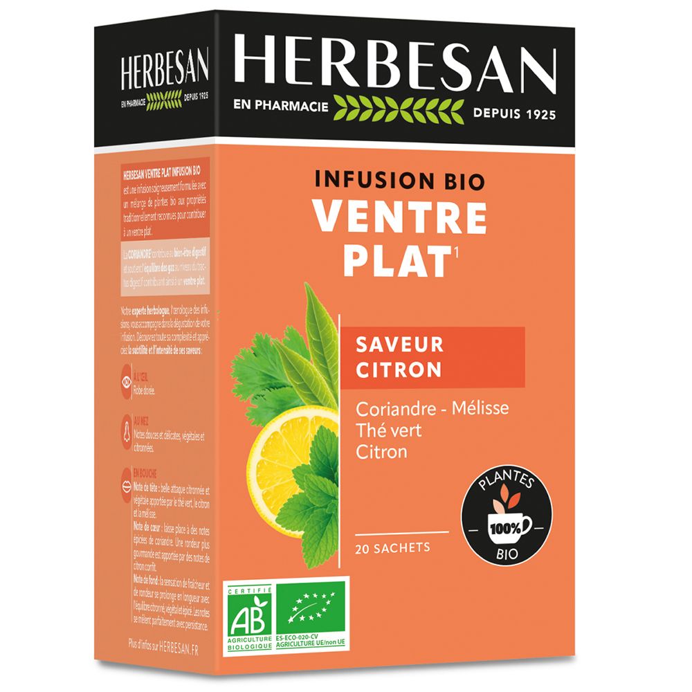 Boîte de thé Herbesan. Fond orange avec nom du produit et illustration de citron et d'herbes. 20 sachets.