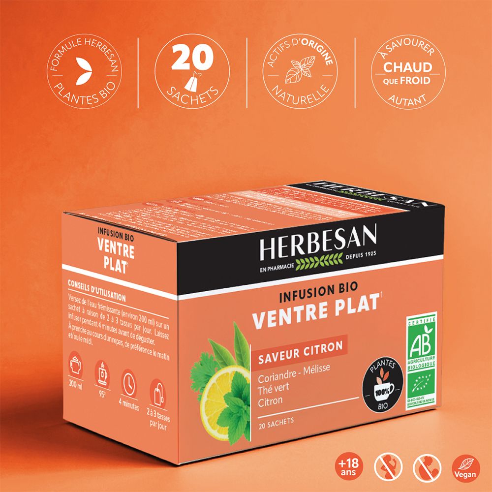 Emballage du thé Herbesan. Boîte orange avec nom du produit, ingrédients et certifications. 20 sachets.