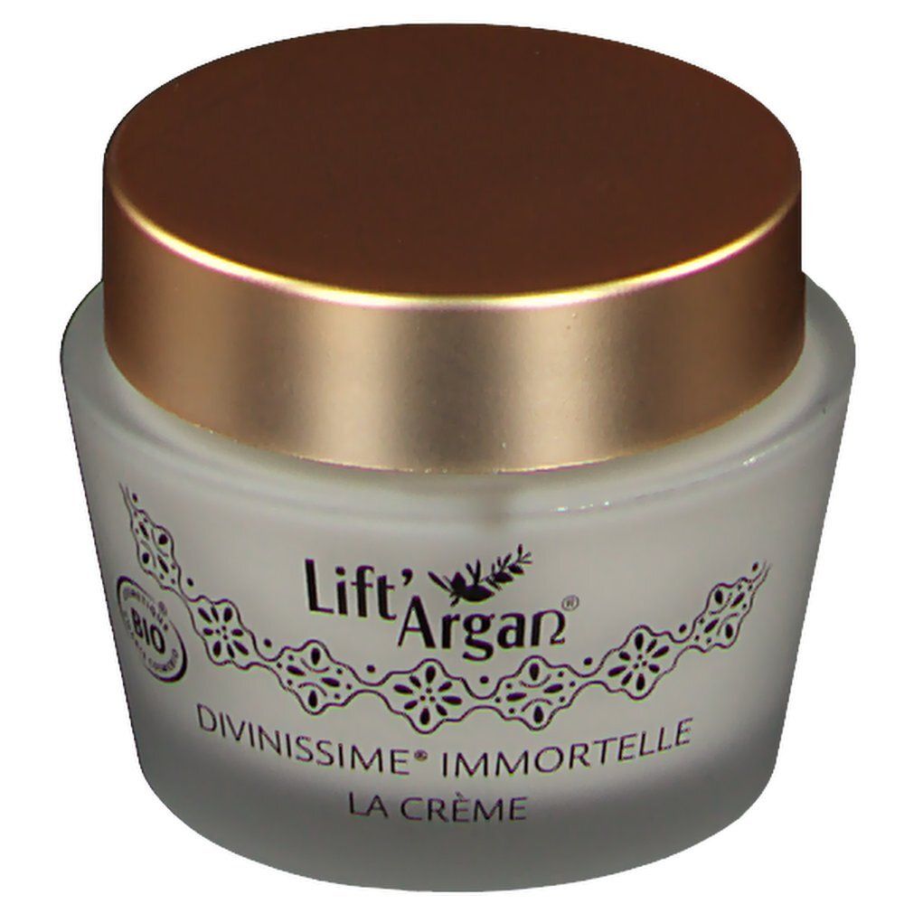 Creme-Tiegel mit goldfarbenem Deckel. Aufschrift: Lift'Argan, Divinissime Immortelle, La Crème. Bio-Zertifizierung.