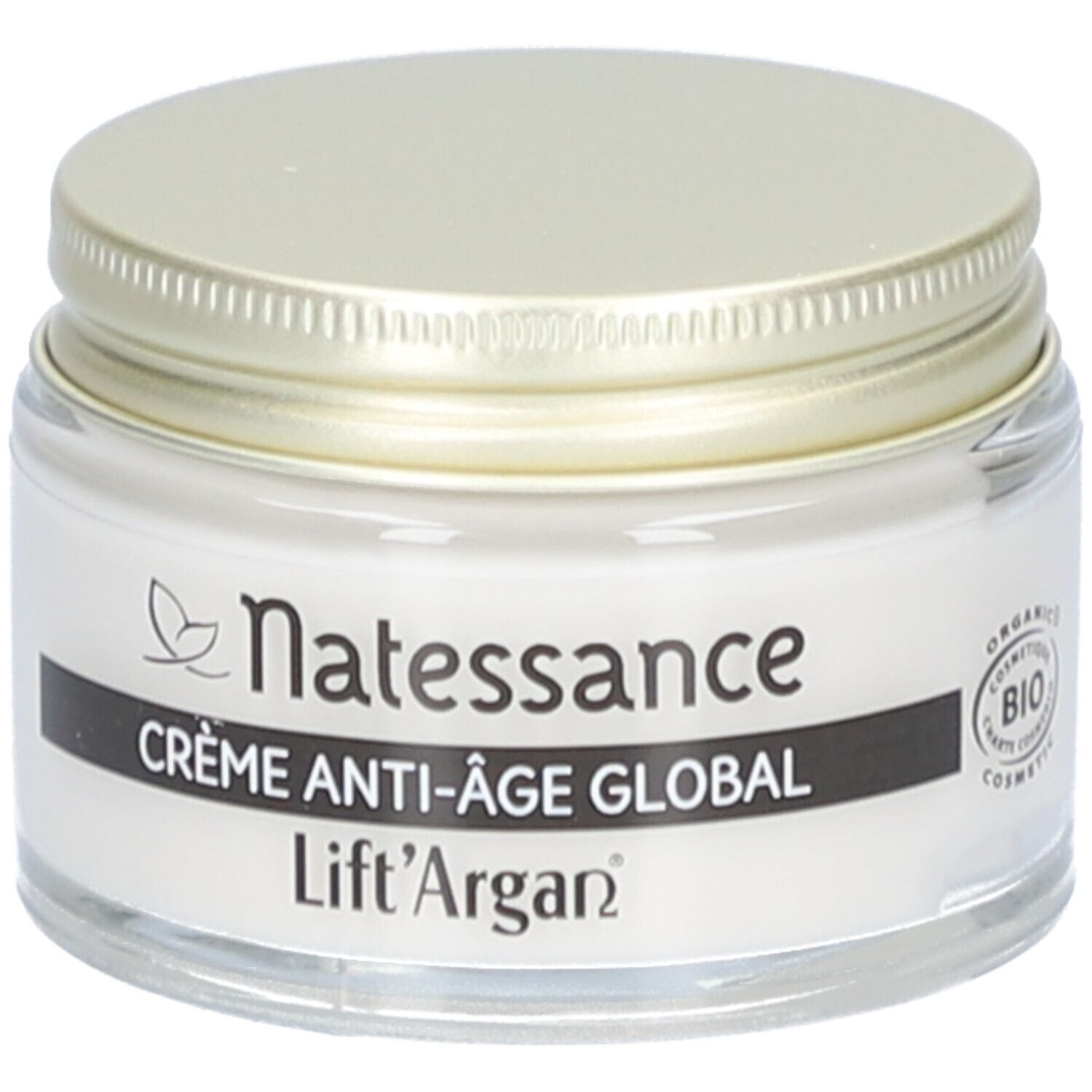 Creme-Tiegel mit goldfarbenem Deckel. Aufschrift: Natessance, Crème Anti-Âge Global, Lift'Argan. Bio-Zertifizierung.