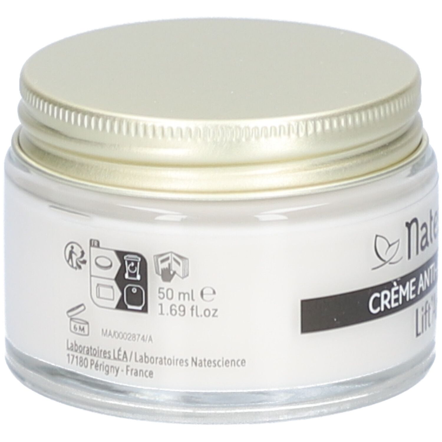 Creme-Tiegel mit goldfarbenem Deckel. Aufschrift: Natessance, Crème Anti-Âge Global, Lift'Argan. 50 ml, 1.69 fl.oz.
