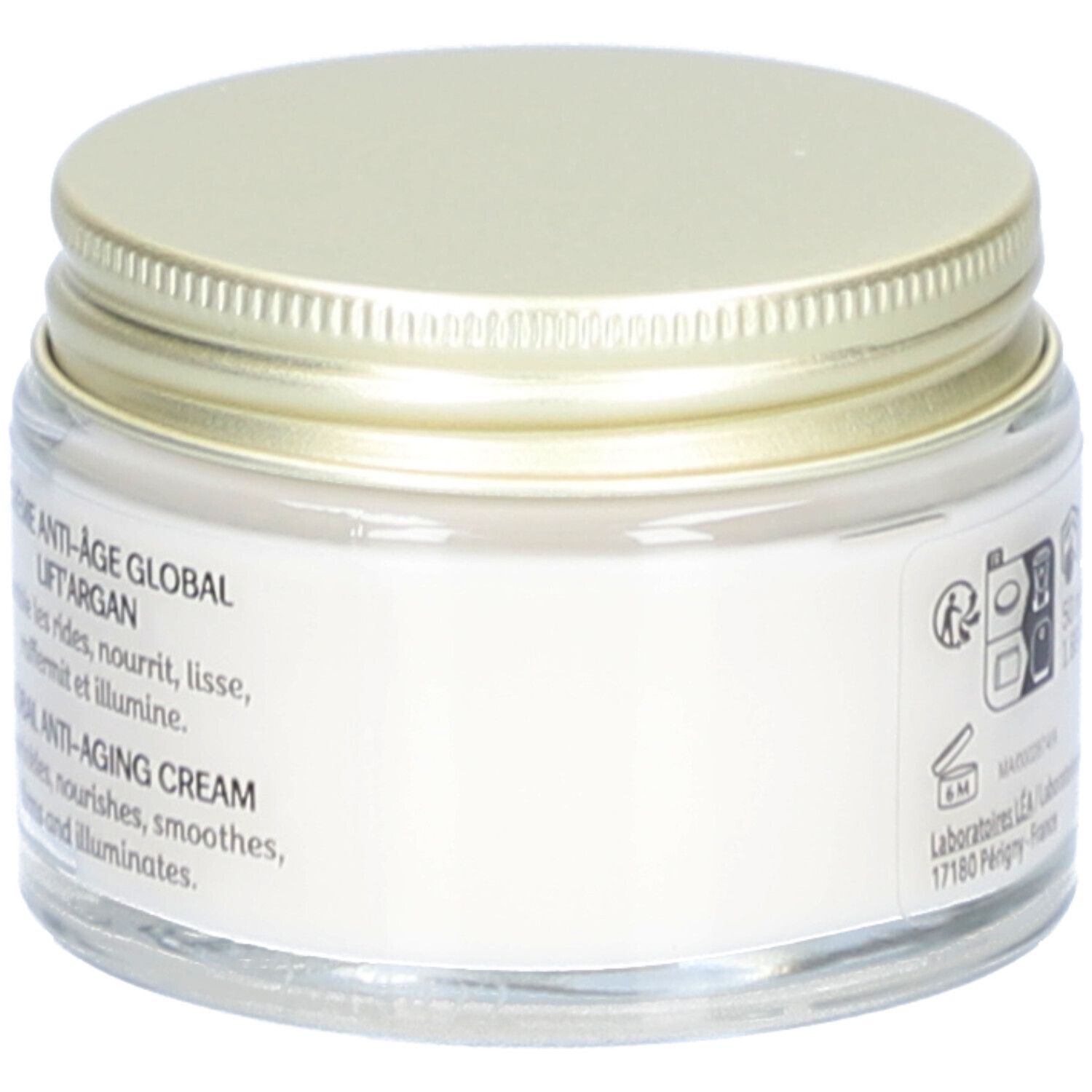Creme-Tiegel mit goldfarbenem Deckel. Aufschrift: Crème Anti-Âge Global, Lift'Argan. Informationen und Symbole.