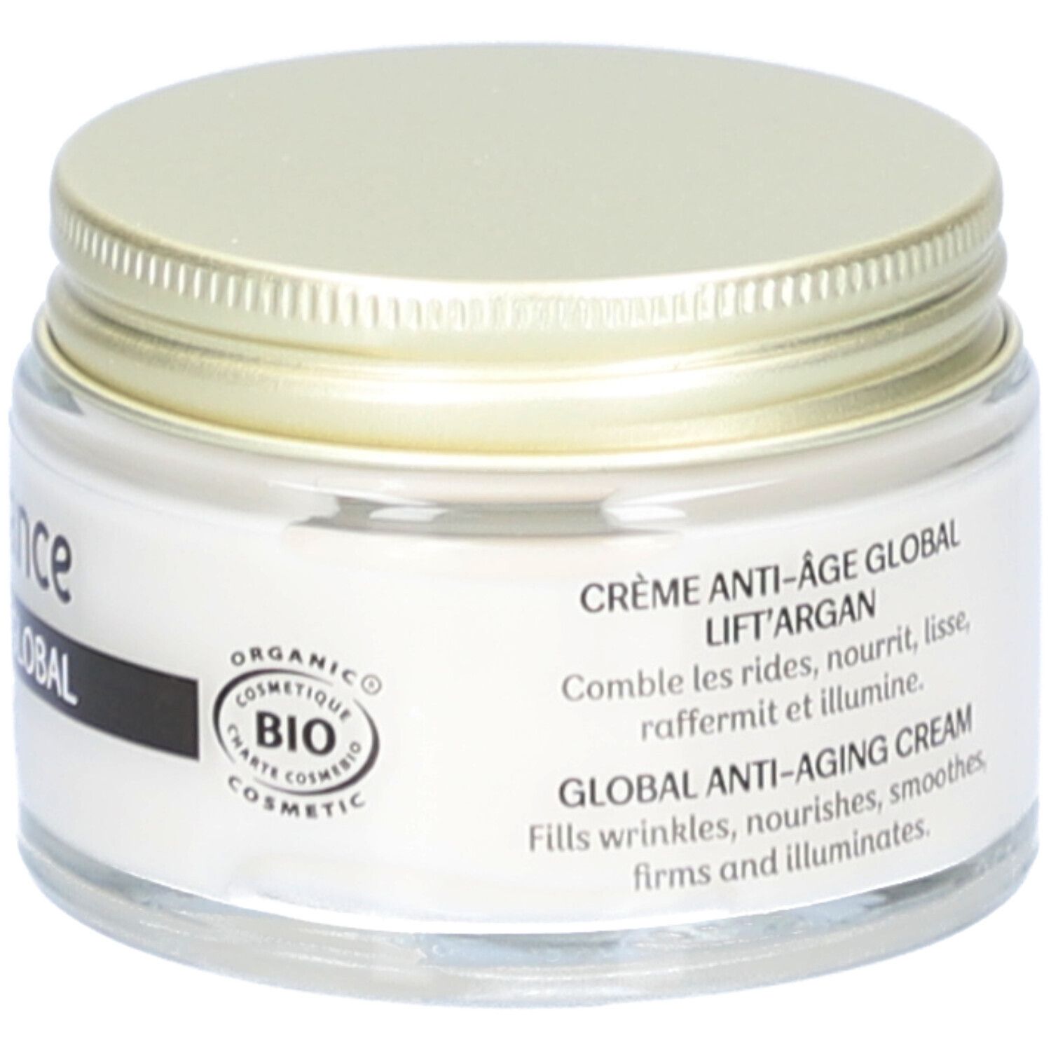 Creme-Tiegel mit goldfarbenem Deckel. Bio-Zertifizierung. Aufschrift: Crème Anti-Âge Global, Lift'Argan.