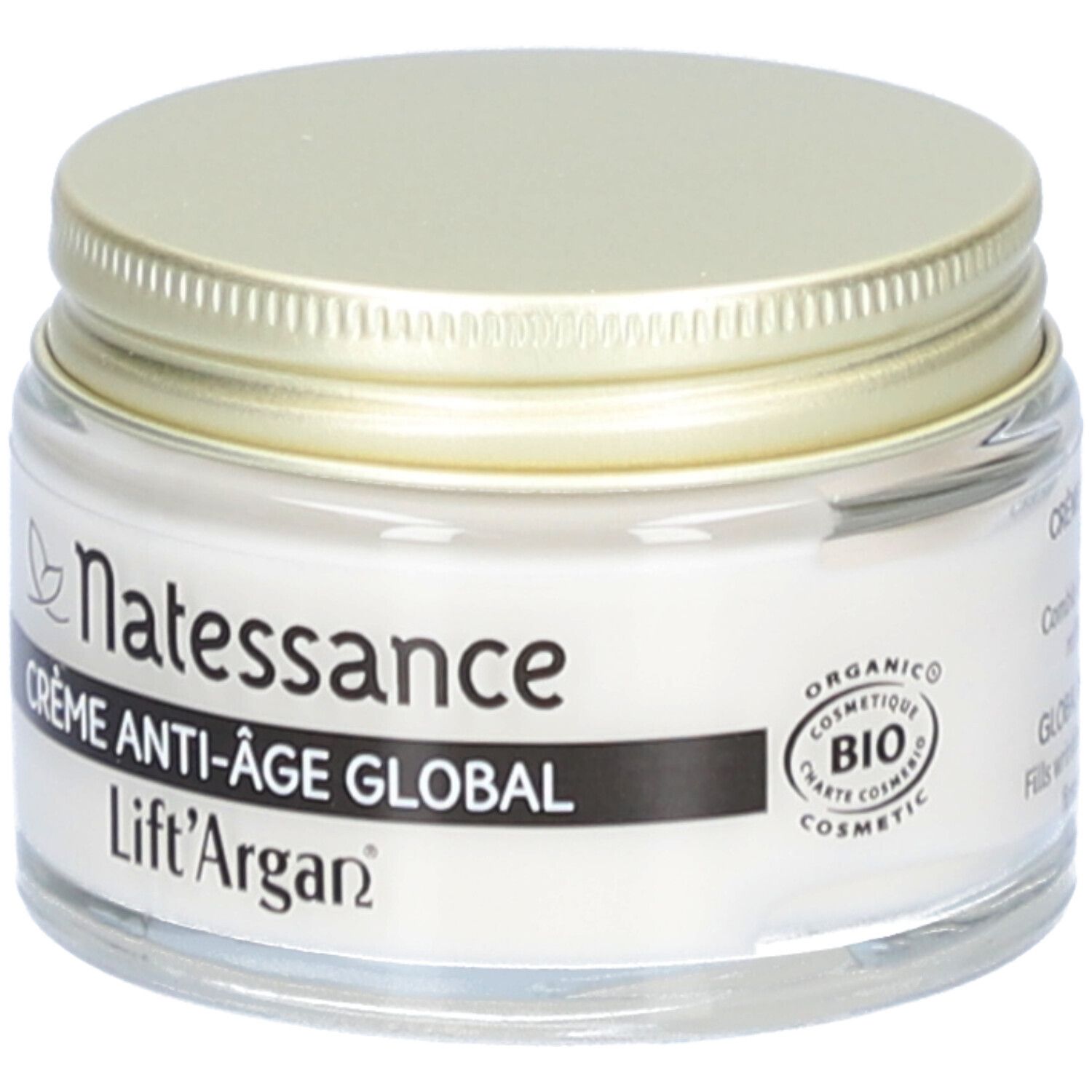 Creme-Tiegel mit goldfarbenem Deckel. Aufschrift: Natessance, Crème Anti-Âge Global, Lift'Argan. Bio-Zertifizierung.