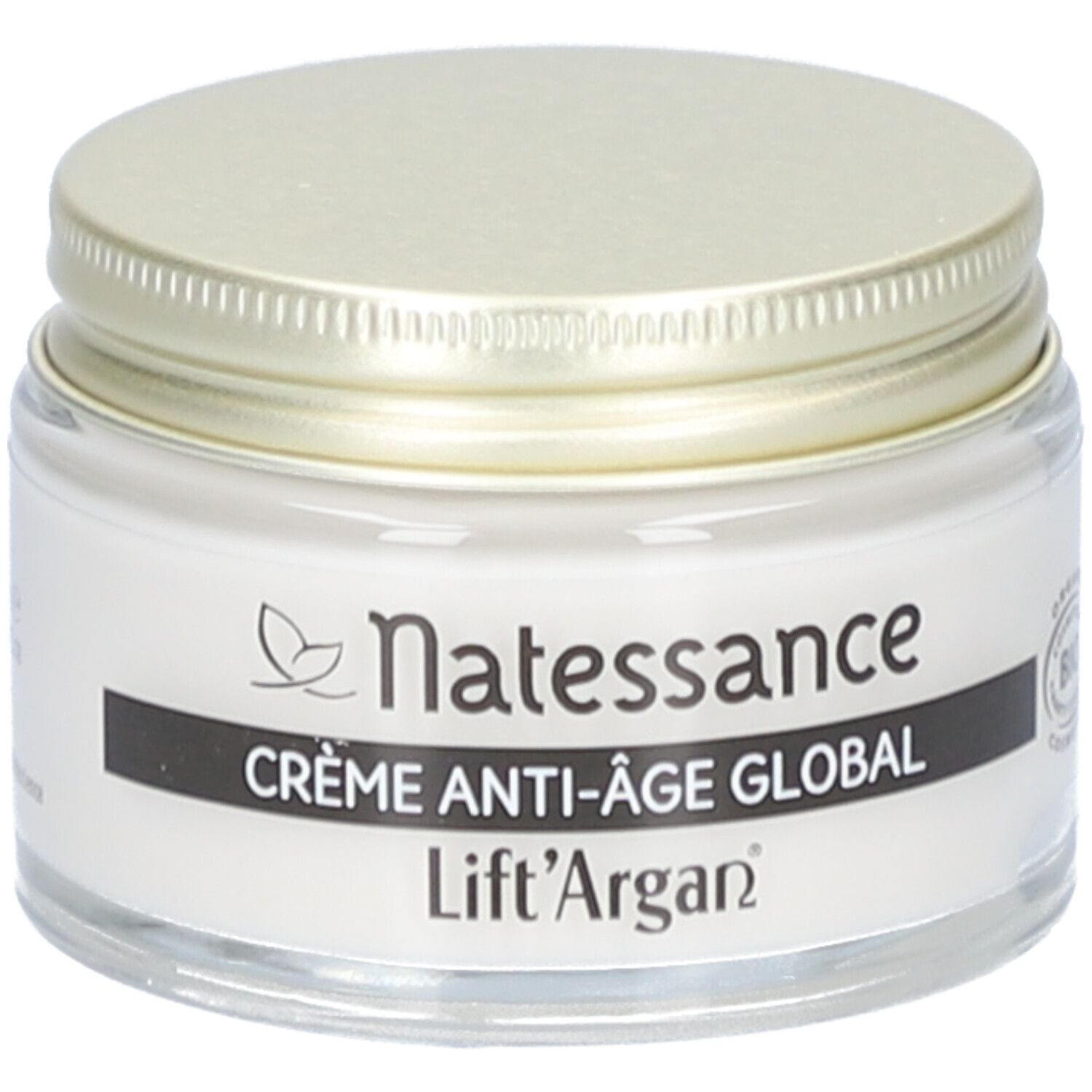 Creme-Tiegel mit goldfarbenem Deckel. Aufschrift: Natessance, Crème Anti-Âge Global, Lift'Argan.