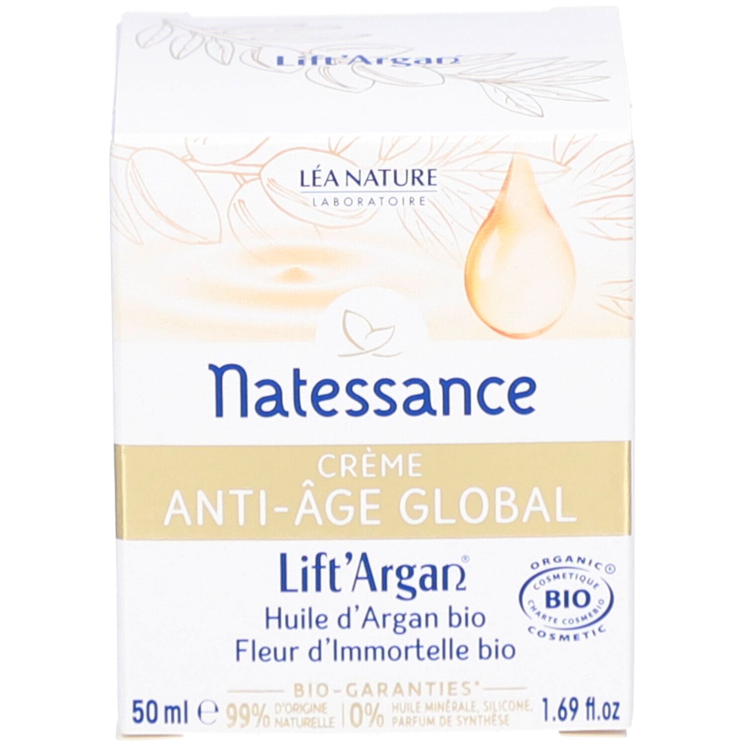 Verpackung. Aufschrift: Natessance, Crème Anti-Âge Global, Lift'Argan. 50 ml, 1.69 fl.oz. Bio-Zertifizierung.