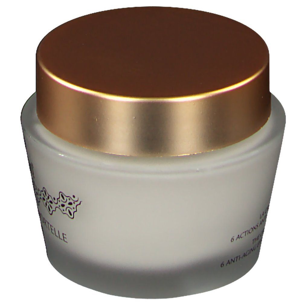 Creme-Tiegel mit goldfarbenem Deckel. Aufschrift: Divinissime Immortelle. 6 Anti-Aging-Effekte.