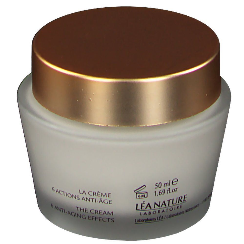 Creme-Tiegel mit goldfarbenem Deckel. Aufschrift: La Crème, 6 Anti-Aging-Effekte. 50 ml, 1.69 fl.oz.