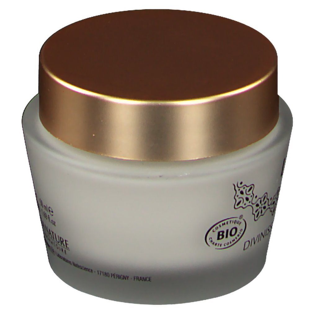 Creme-Tiegel mit goldfarbenem Deckel. Bio-Zertifizierung. Aufschrift: Divinissime.