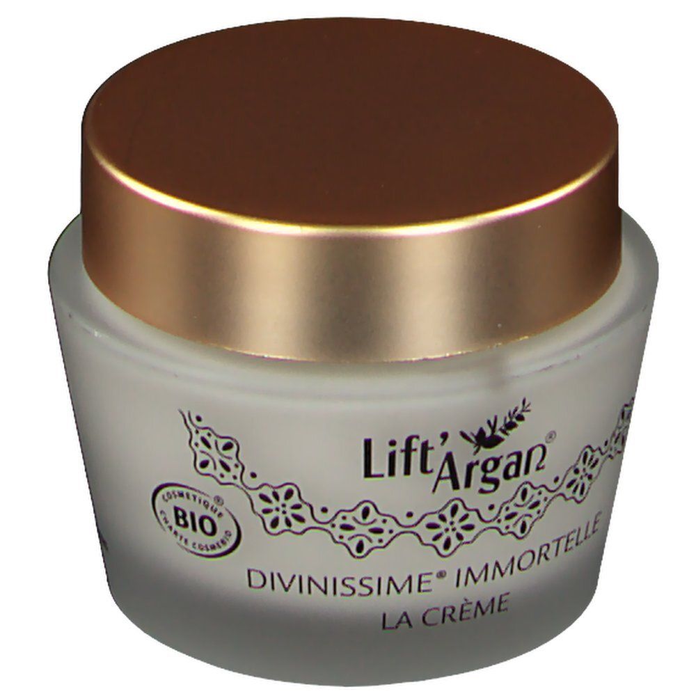 Creme-Tiegel mit goldfarbenem Deckel. Bio-Zertifizierung. Aufschrift: Lift'Argan, Divinissime Immortelle, La Crème.